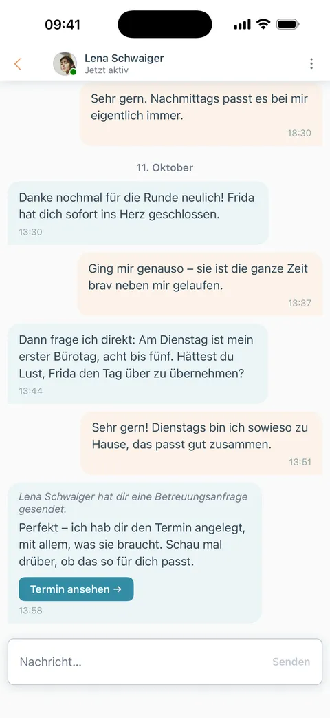 Chat nach dem Match, mit Betreuungsanfrage
